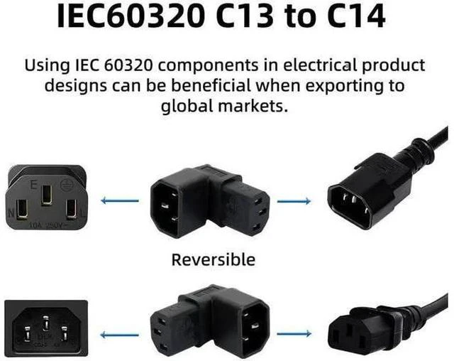 Alt view image 2 of 7 - 2 Pack 90 Degree Angled IEC C14 Male to C13 Female Power Extension Adapter, 10A 250V for PC, Monitor, PDU, Printer
