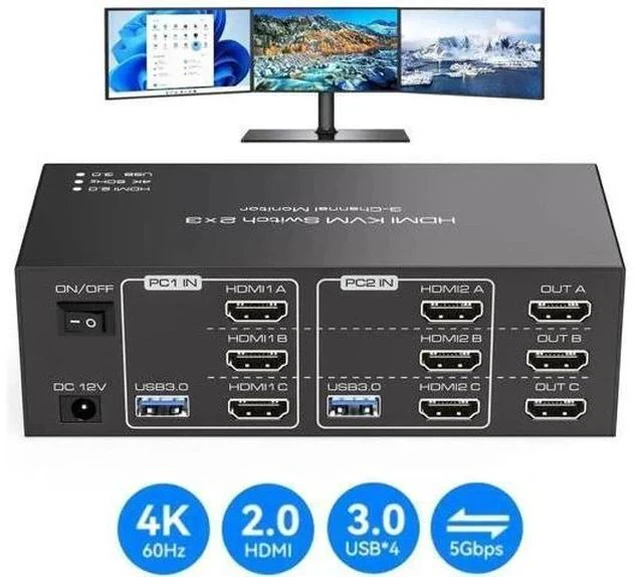 Main image of 2-Port Triple HDMI KVM Switch, 8K@60Hz 4K@60Hz, 4 USB3.0 Ports