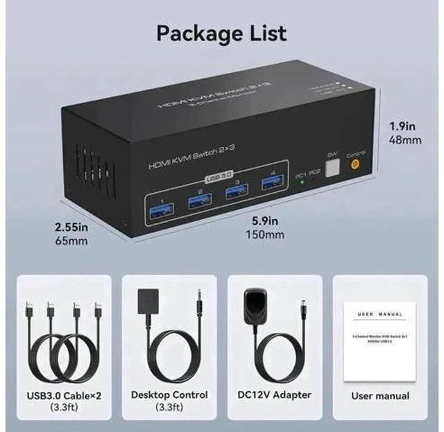 Alt view image 4 of 7 - 2-Port Triple HDMI KVM Switch, 8K@60Hz 4K@60Hz, 4 USB3.0 Ports