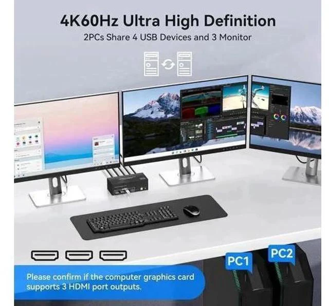 Alt view image 5 of 7 - 2-Port Triple HDMI KVM Switch, 8K@60Hz 4K@60Hz, 4 USB3.0 Ports
