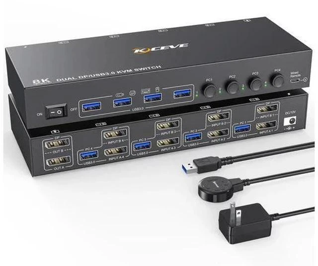 Main image of 4-Port Dual Monitor DP USB 3.0 KVM Switch 4K@60Hz, 4 DP PCs Share 2 DP Monitors, Keyboard & Mouse