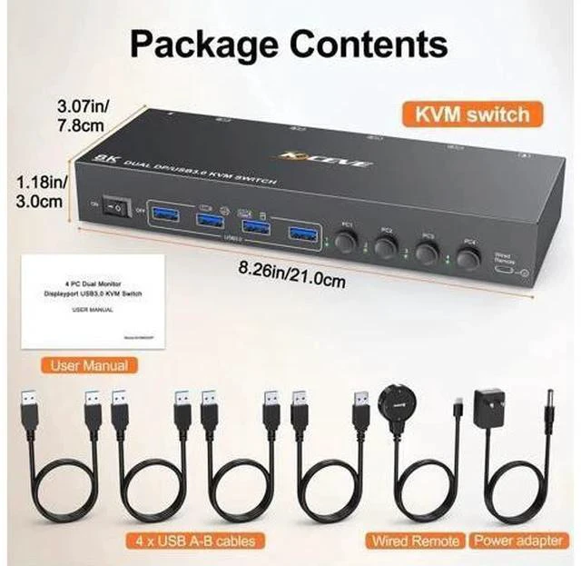 Alt view image 2 of 7 - 4-Port Dual Monitor DP USB 3.0 KVM Switch 4K@60Hz, 4 DP PCs Share 2 DP Monitors, Keyboard & Mouse