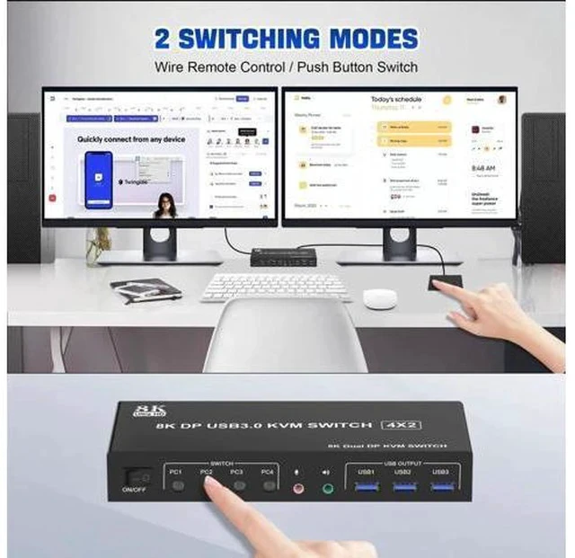 Alt view image 6 of 7 - 4-Port Dual Monitor DP USB3.0 KVM Switch 8K@60Hz, 4 PCs Share 2 Displays, Audio Output & 3 USB3.0 Ports