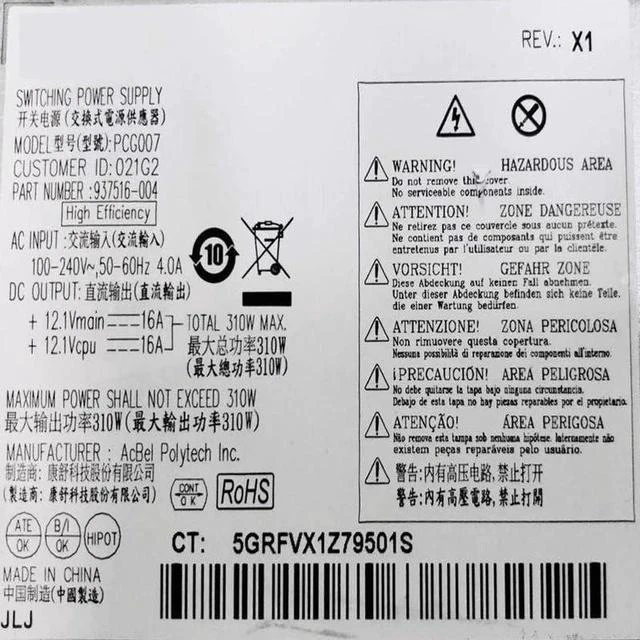 Alt view image 5 of 6 - PCG007 DPS-310AB-1 A DPS-310AB-3 A D17-310P2A D19-310P1A 310W Original New Power Supply for H P 680 280 800 600 480 288 G3 G4