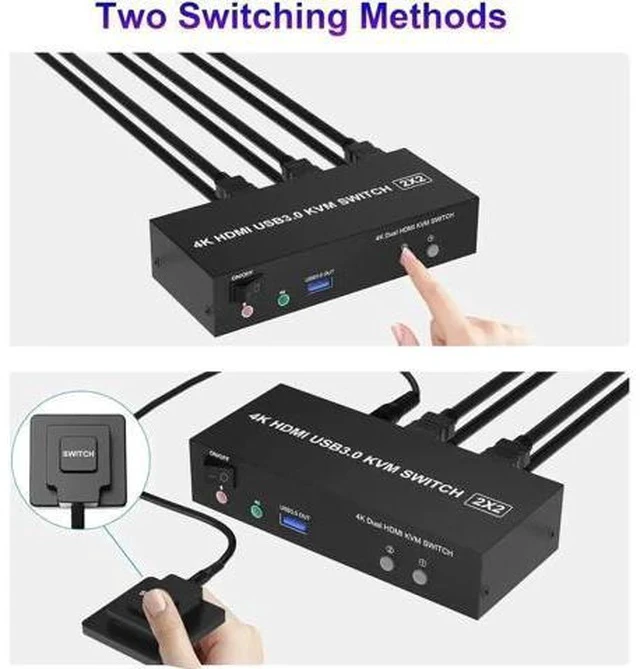 Alt view image 6 of 7 - 2 Port Dual HDMI USB 3.0 KVM Switch, 4K@60Hz KVM Switcher with Audio & Mic, 3 USB 3.0 Ports for 2 PCs Share 2 Monitors Keyboard Mouse, Support Extended Display
