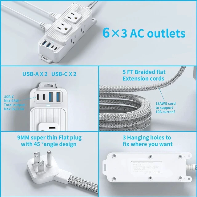 Alt view image 2 of 6 - US Standard Power Strip American Plug Surge Protector, Desktop/US Wall Outlet Extension Cord
