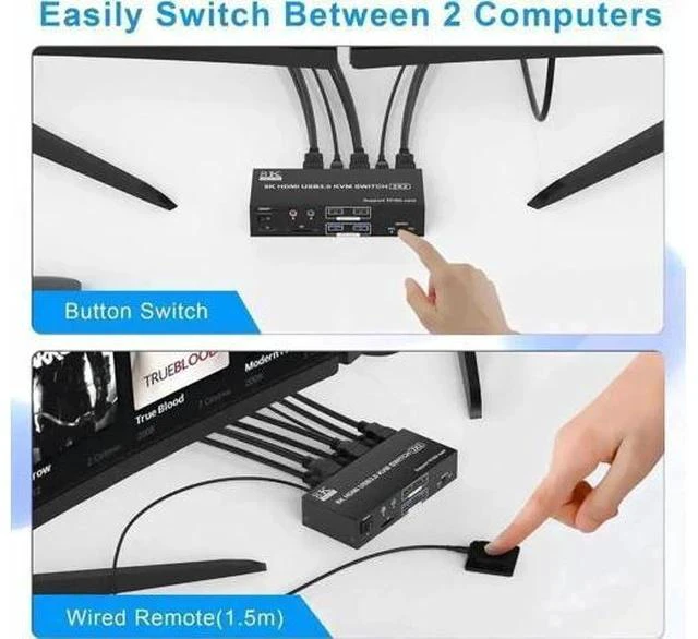 Alt view image 5 of 7 - 2 Port Dual Monitor HDMI KVM Switch 2 In 2 Out, 8K@60Hz 4K@120Hz USB3.0 KVM Switcher with Audio Mic, SD & TF Card Slots for 2 PCs Share 2 Monitors and 4 USB Devices