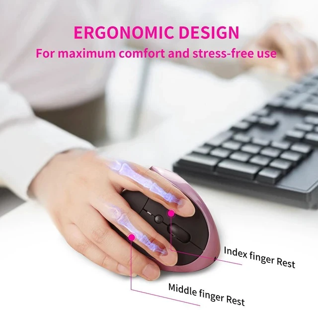 Alt view image 4 of 7 - Vertical Ergonomic Mouse with Rechargeable Battery 2.4GHz Wireless Optical, 6 Buttons, Adjustable DPI, for Desktop/Laptop
