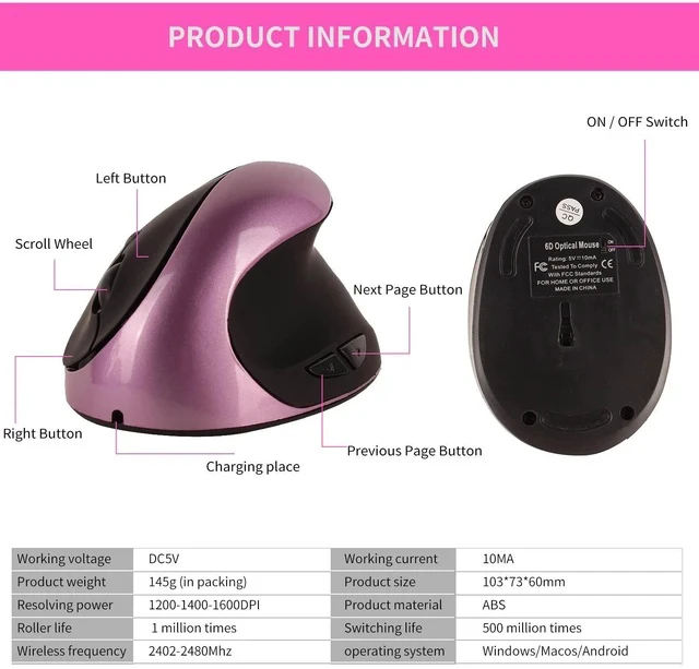 Alt view image 6 of 7 - Vertical Ergonomic Mouse with Rechargeable Battery 2.4GHz Wireless Optical, 6 Buttons, Adjustable DPI, for Desktop/Laptop