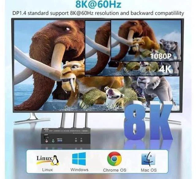 Alt view image 6 of 7 - 2 Port Dual Monitor DP 1.4 KVM Switch, 8K@60Hz 4K@144Hz USB3.0 KVM Switcher with Audio & Mic, 3 USB Ports for 2 PCs Share 2 Screens, Support Extend & Mirror Display