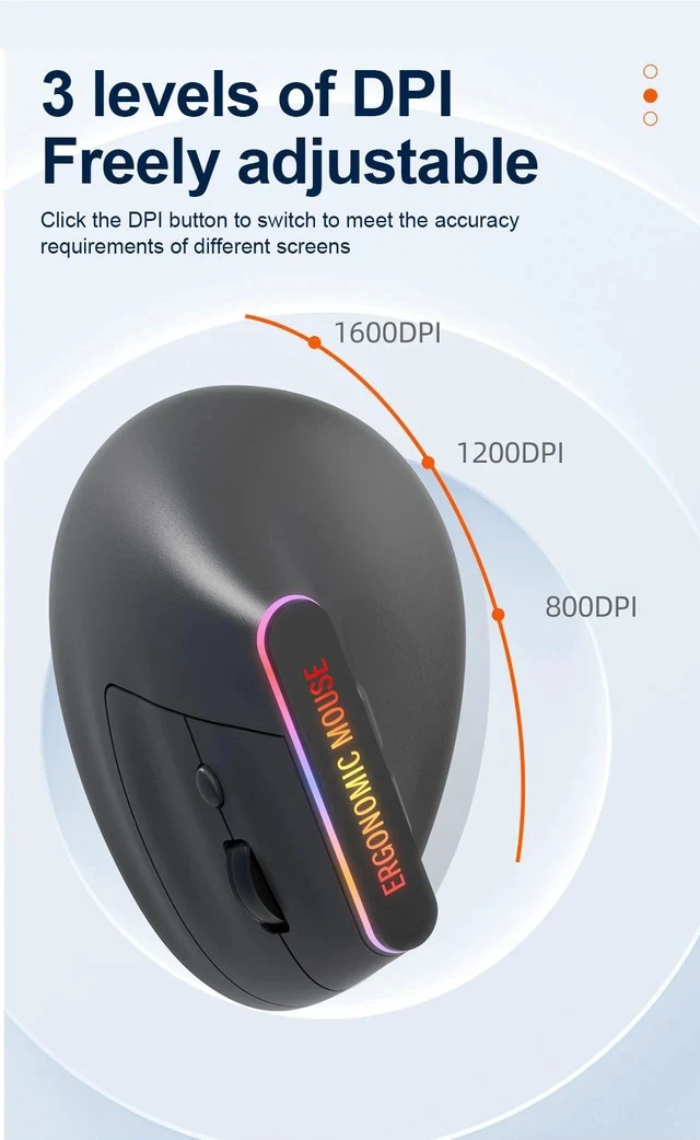 Alt view image 6 of 6 - RGB Rechargeable Vertical Mouse Bluetooth + 2.4G Dual-Mode Wireless, Ergonomic Handshake Grip, 6 Silent Buttons, Adjustable DPI, USB-C Charging