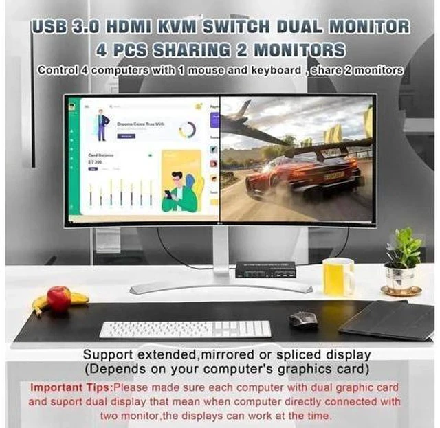 Alt view image 2 of 7 - 4-Port Dual HDMI KVM Switch 4K@60Hz, USB3.0, EDID Emulation, Audio & Mic, 3 USB Ports