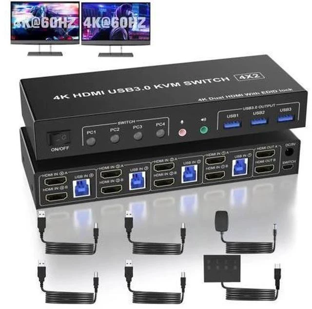 Main image of 4 Port Dual Monitor HDMI KVM Switch 4K@60Hz EDID Adaptive, 4 PCs Share 2 Screens, 3 USB 3.0 & Audio Mic Port