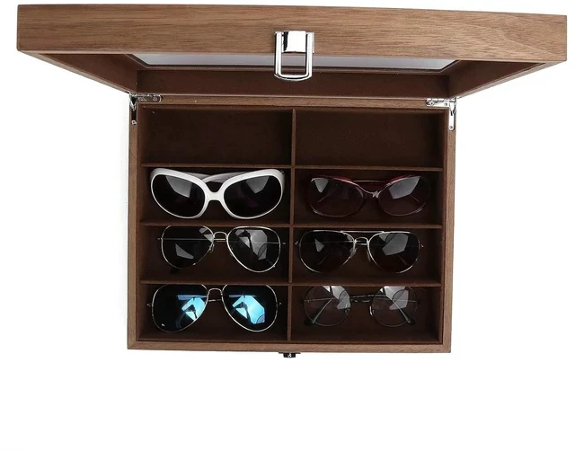 Alt view image 6 of 6 - Sunglasses Display Case With Glass Lid | 8 Grid Solid Wood Organizer For Eyewear Jewelry Storage And Travel