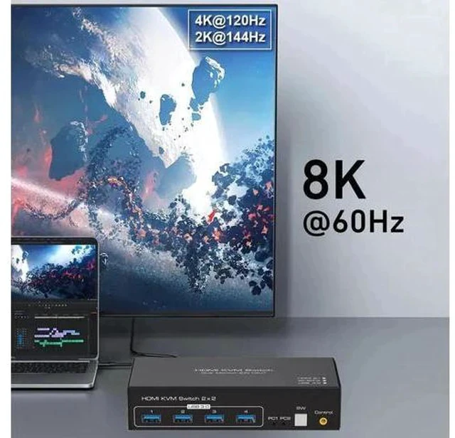 Alt view image 5 of 6 - 2 Port Dual Monitor HDMI 2.1 KVM Switch, 8K@60Hz 4K@120Hz, USB 3.0 for 2 PCs Share 2 Displays