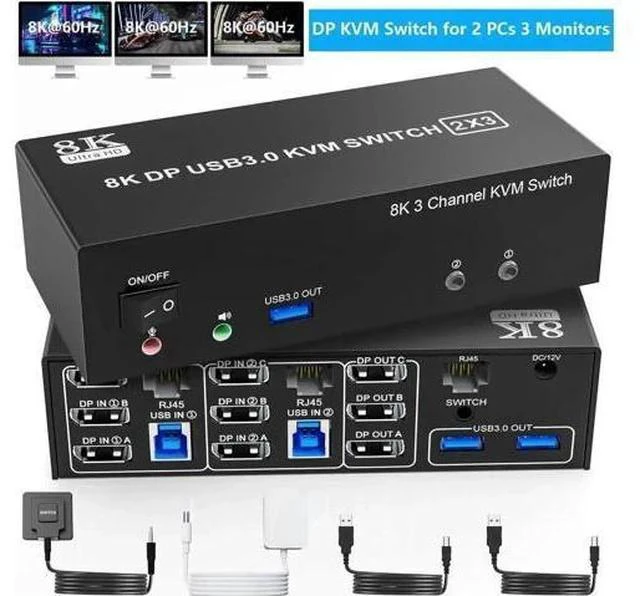 Main image of 2 Port Triple Monitor DP KVM Switch DP1.4, 8K@60Hz 4K@144Hz USB3.0 KVM Switcher with 1-to-2 RJ45 Ethernet Splitter, Audio Mic & 3 USB 3.0 Ports for 2 PCs Share 3 Displays