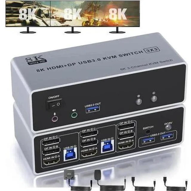 Main image of 2 Port Triple Monitor 1HDMI+2DP KVM Switch, 8K@60Hz 4K@144Hz USB3.0 KVM Switcher with Audio & Mic, 3 USB Ports for 2 PCs Share 3 Displays, Support Extend & Mirror Mode