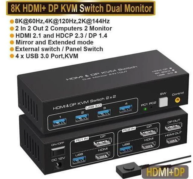 Alt view image 5 of 7 - 2x2 Dual Monitor DP+HDMI KVM Switch 8K@60Hz 4K@120Hz, USB 3.0 KVM Switcher with 4 USB 3.0 Ports, Mirror & Extended Display Modes for 2 PCs Share 2 Displays