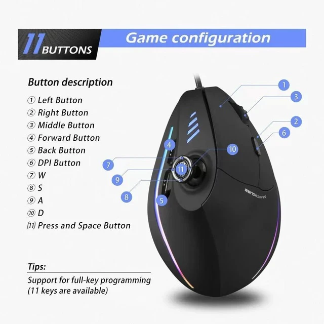 Alt view image 2 of 7 - C-18 Ergonomic Wired Gaming Mouse with Joystick 5 Adjustable DPI Levels, RGB Lighting, Customizable Macro Buttons, for PC/Laptop - black