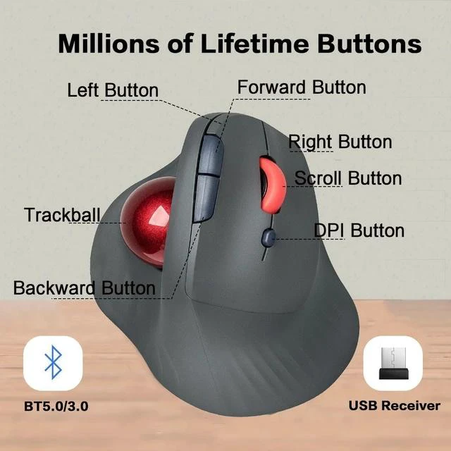 Alt view image 5 of 7 - Wireless Vertical Trackball Mouse Dual Mode BT + 2.4G Connectivity, 650mAh Rechargeable Battery, Ergonomic Thumb-Operated Rollerball