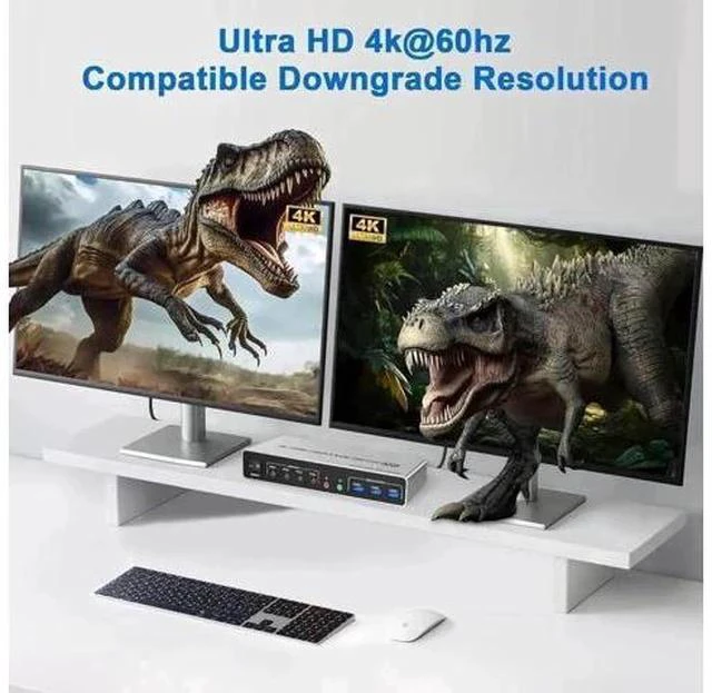 Alt view image 5 of 7 - 4 Port Dual HDMI KVM Switch 4 In 2 Out, USB3.0 4K@60Hz Dual Monitor KVM Switcher with EDID Emulation, Audio Mic & 3 USB 3.0 Ports for 4 PCs Share Two Displays