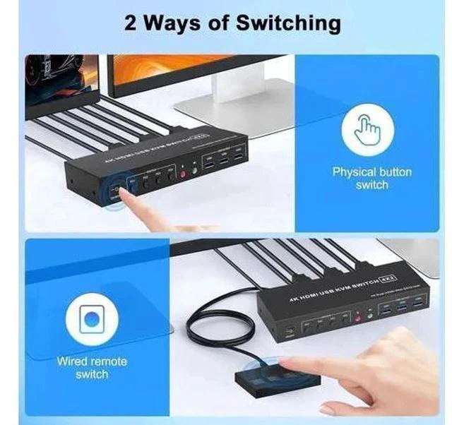 Alt view image 2 of 7 - 4 Port Dual HDMI KVM Switch 4 In 2 Out, 4K@60Hz USB3.0 Dual Monitor KVM Switcher with 3 USB 3.0 Ports, Button & Desktop Remote Control for 4 PCs Share 2 Displays Keyboard Mouse