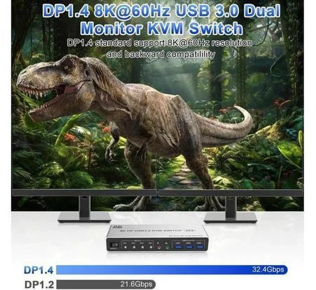 Alt view image 3 of 7 - 4-Port DP1.4 Dual Monitor USB3.0 KVM Switch 8K@60Hz, With Audio & Mic, 3 USB3.0 Ports for 4 PCs