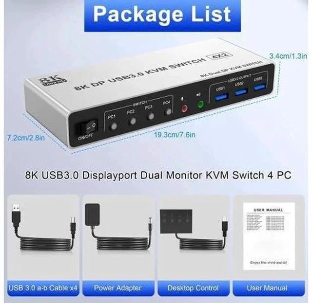Alt view image 6 of 7 - 4-Port DP1.4 Dual Monitor USB3.0 KVM Switch 8K@60Hz, With Audio & Mic, 3 USB3.0 Ports for 4 PCs