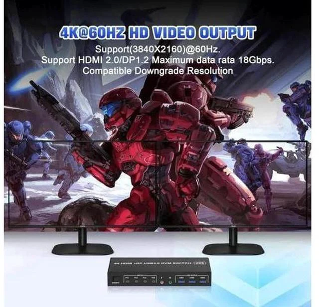 Alt view image 5 of 7 - 4-Port HDMI+DP Dual Monitor KVM Switch 4K@60Hz, USB3.0, Audio & Mic, 3 USB Ports