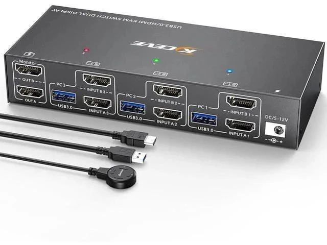 Main image of 3-In-2-Out Dual Monitor HDMI KVM Switch 4K@60Hz, USB 3.0 KVM Switcher with EDID Emulation, 4 USB Ports for 3 PCs Share 2 Displays, Mirror & Extended Mode Supported