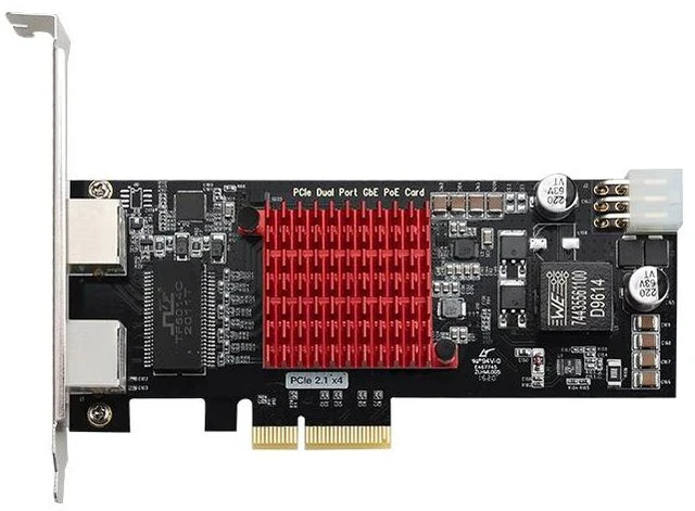 Alt view image 2 of 5 - Industrial-Grade PoE Gigabit Ethernet Network Card PCIe x4, PoE+ Power over Ethernet, Image Capture / Camera Power Supply, Intel I350AM2 Chipset