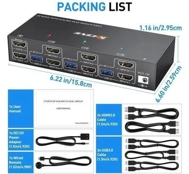 Alt view image 7 of 7 - 3-In-2-Out Dual Monitor HDMI KVM Switch 4K@60Hz, USB 3.0 KVM Switcher with EDID Emulation, 4 USB Ports for 3 PCs Share 2 Displays, Mirror & Extended Mode Supported