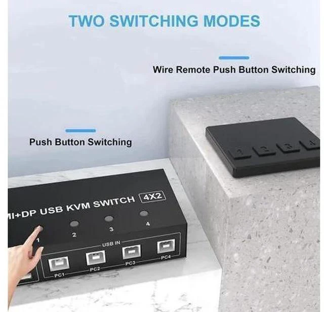 Alt view image 2 of 7 - 4-Port HDMI+DP Dual Monitor KVM Switch, 4K@60Hz UHD, 4 USB2.0 Ports