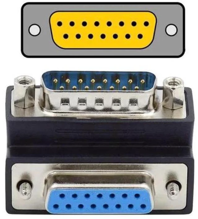Main image of 90 Degree Down Angled DB15 Male to Female Extension Coupler, 15Pin D-SUB RS232 Serial Port Right Angle Adapter