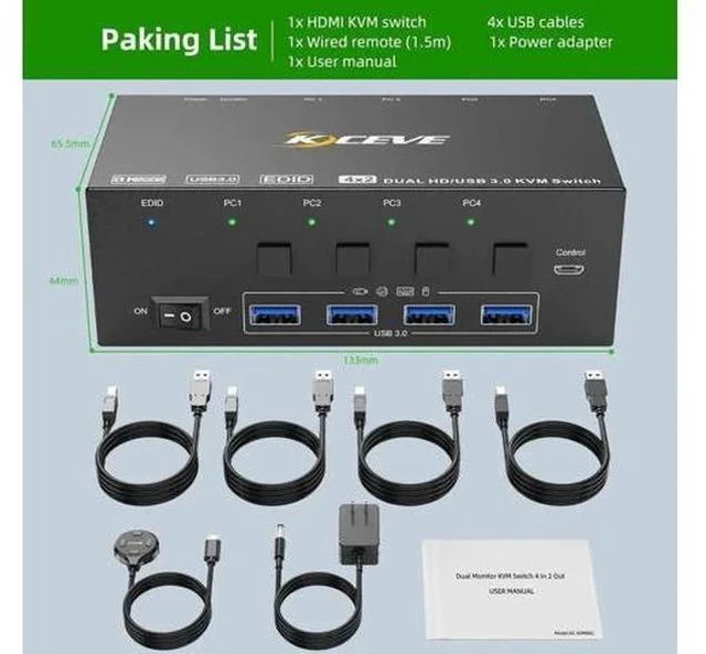Alt view image 6 of 7 - 4-Port Dual HDMI KVM Switch 8K@60Hz 4K@144Hz, USB3.0 with EDID Emulator