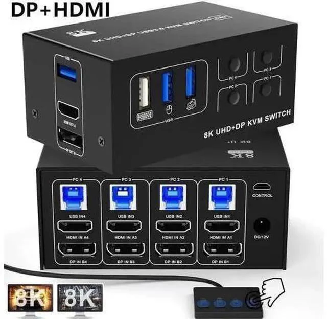 Main image of 4-Port HDMI+DP Dual Monitor KVM Switch, 8K@60Hz 4K@120Hz, USB3.0, Desktop Controller Included