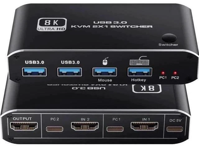 Main image of 2-Port 2 In 1 Out HDMI 2.1 8K KVM Switch, Support 8K@60Hz, 4K@120Hz, 4 USB 3.0 Ports & Keyboard Hotkey Control, 2 PCs Share One Monitor, Keyboard & Mouse
