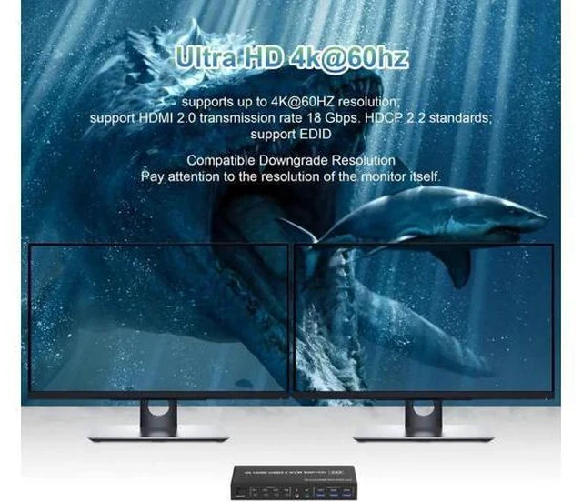 Alt view image 4 of 7 - 4 Port Dual Monitor HDMI KVM Switch 4K@60Hz EDID Adaptive, 4 PCs Share 2 Screens, 3 USB 3.0 & Audio Mic Port
