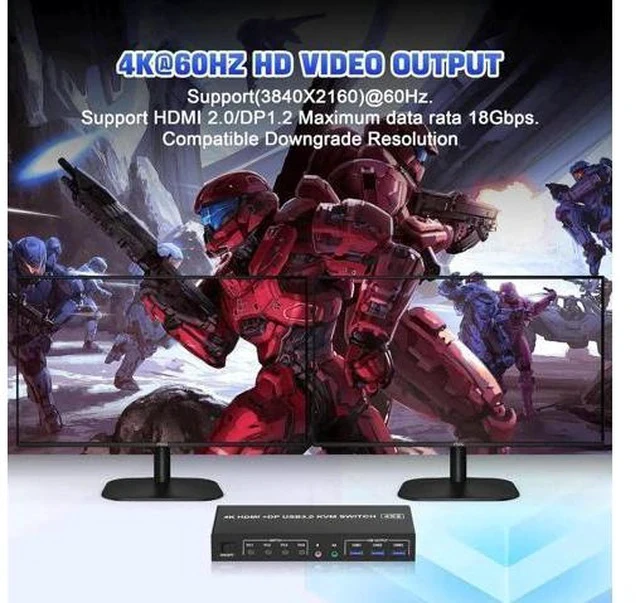 Alt view image 7 of 7 - 4 Port Dual Monitor DP+HDMI Hybrid KVM Switch 4K@60Hz USB 3.0, Audio & Mic Jack, 3 USB 3.0 Ports for 4 PCs Share 2 Displays, Keyboard & Headsets