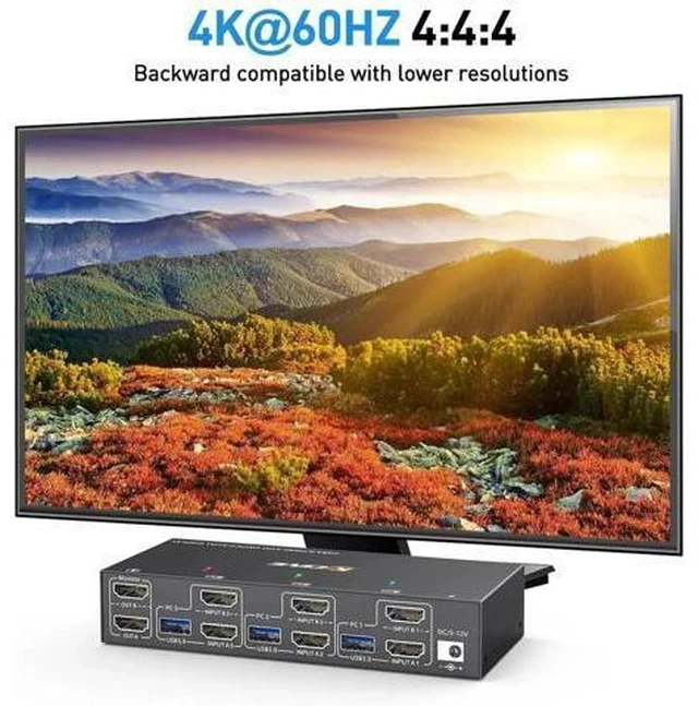 Alt view image 4 of 7 - 3-In-2-Out Dual Monitor HDMI KVM Switch 4K@60Hz, USB 3.0 KVM Switcher with EDID Emulation, 4 USB Ports for 3 PCs Share 2 Displays, Mirror & Extended Mode Supported