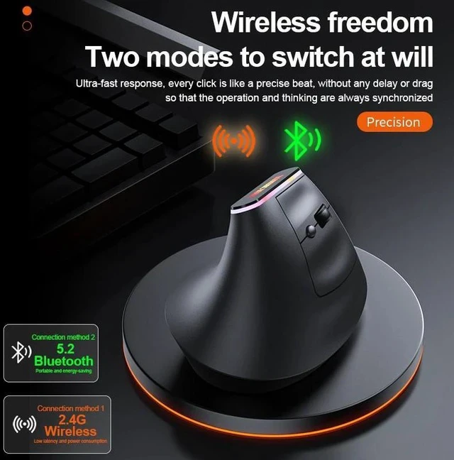 Alt view image 4 of 6 - RGB Rechargeable Vertical Mouse Bluetooth + 2.4G Dual-Mode Wireless, Ergonomic Handshake Grip, 6 Silent Buttons, Adjustable DPI, USB-C Charging