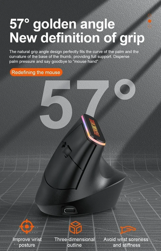 Alt view image 5 of 6 - RGB Rechargeable Vertical Mouse Bluetooth + 2.4G Dual-Mode Wireless, Ergonomic Handshake Grip, 6 Silent Buttons, Adjustable DPI, USB-C Charging