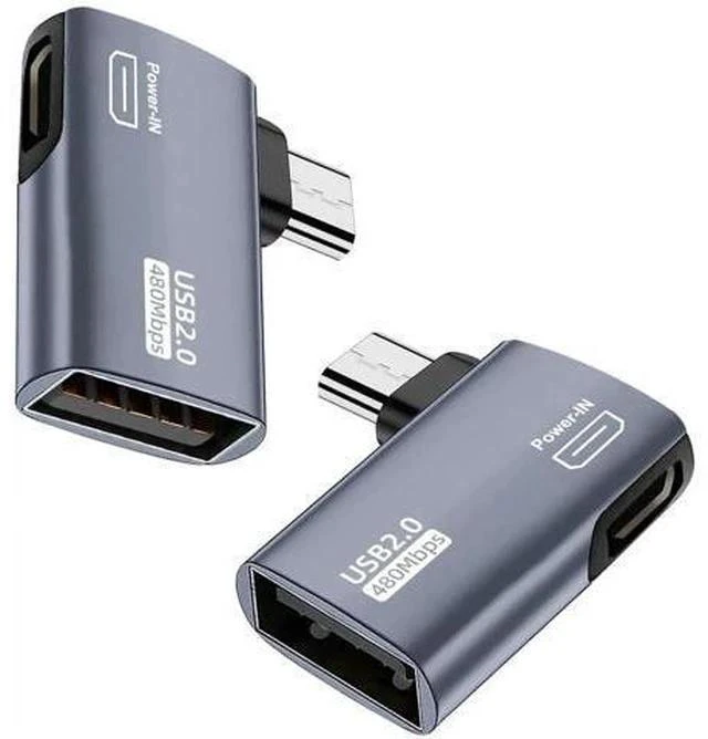 Main image of 2 Pack 90 Degree Left & Right Angle Powered Micro USB OTG Adapter, Grey Micro USB Male to USB A Female OTG Connector for Fire TV Stick 4K, Android Phones, Micro USB Tablets & Host Devices