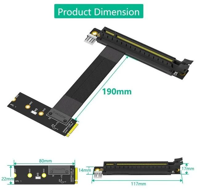 Alt view image 7 of 7 - PCIe 16X 90-Degree to M.2 NGFF Key M Adapter PCI-E x16 to M.2 PCIe Extension Cable for Graphics Card / SSD, 90° Angled Riser for Desktop PC - Left direction