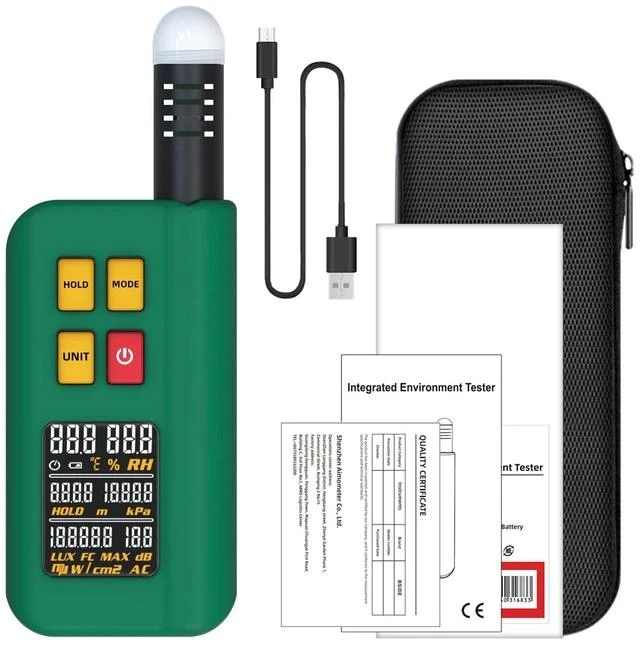 Main image of GX1 Integrated Environment Detector 6-in-1 Temperature, Humidity, Lux Meter, Noise, Altitude & Barometric Pressure Tester, LCD Display, Rechargeable