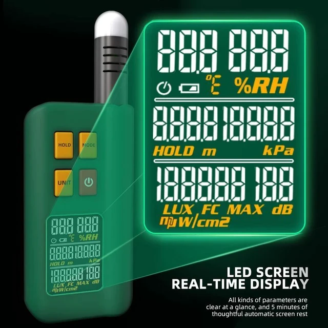 Alt view image 2 of 6 - GX1 Integrated Environment Detector 6-in-1 Temperature, Humidity, Lux Meter, Noise, Altitude & Barometric Pressure Tester, LCD Display, Rechargeable