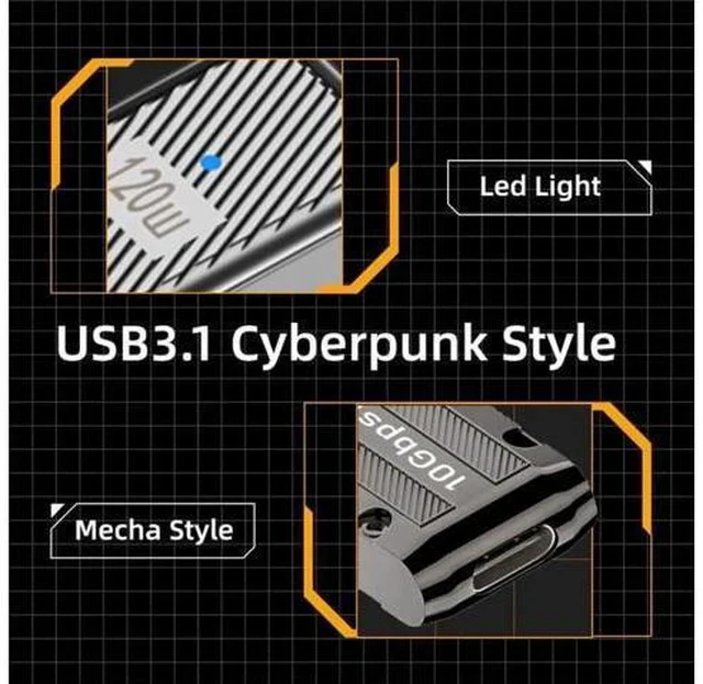 Alt view image 7 of 7 - Low Profile Left 90 Degree Mecha Cyberpunk USB 3.1 Gen2 Adapter, USB-A Male to USB-C Female Elbow Connector, 10Gbps Data Transfer & 120W PD Fast Charging Converter