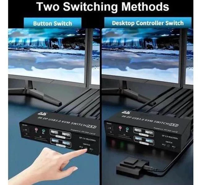 Alt view image 7 of 7 - 2x2 DP 2.0 Dual Monitor KVM Switch 8K@60Hz 4K@240Hz, 2 PCs Share 2 Displays, Audio Mic, 4 USB Ports & SD/TF Card Reader