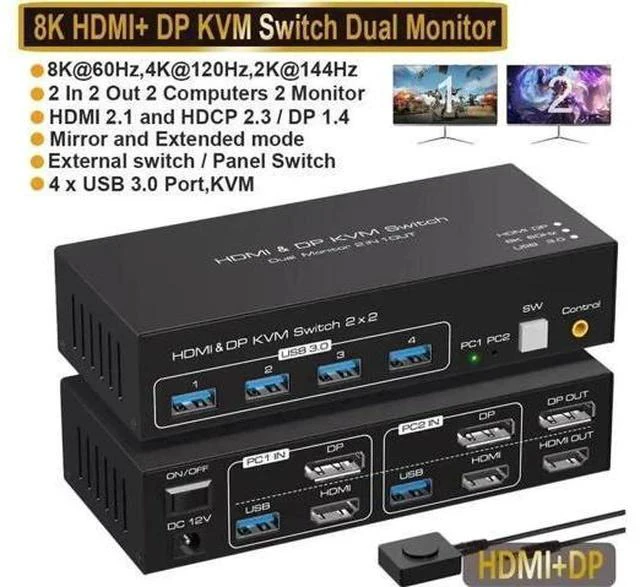 Main image of 2-Port HDMI+DP Dual Monitor KVM Switch, 8K@60Hz 4K@120Hz, 4 USB3.0 Ports, External Wired Controller & 2 USB Cables Included