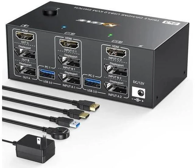 Main image of 2 Port Triple Monitor HDMI+DP KVM Switch, 8K@30Hz 4K@144Hz USB3.0 KVM Switcher with Wired Remote, 4 USB 3.0 Ports for 2 PCs Share 3 Displays